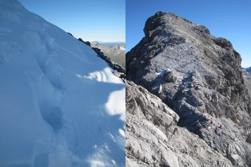 auf der Nordwestseite noch reichlich Schnee, Blick auf die Socktalscharte und den Bockkarkopf