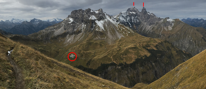 Blick zur Kemptner Hütte, Kratzer, ädelegabel und Trettachspitze