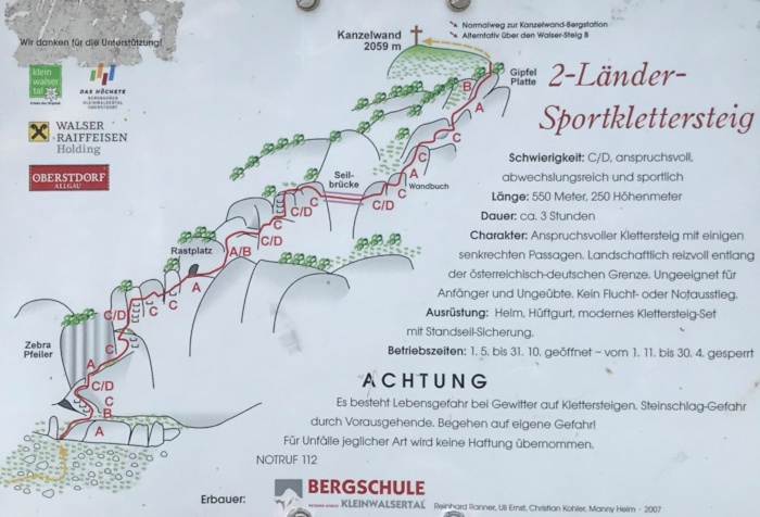 Schild mit Topo am Abzweig zum Klettersteig