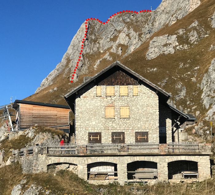 Bad Kissinger Hütte, Aggenstein mit Südostkante (rot gepunktet)