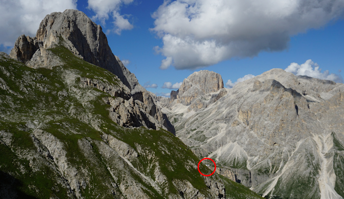 Blick vom Tschagerjoch zur Vajolet- und Preushütte