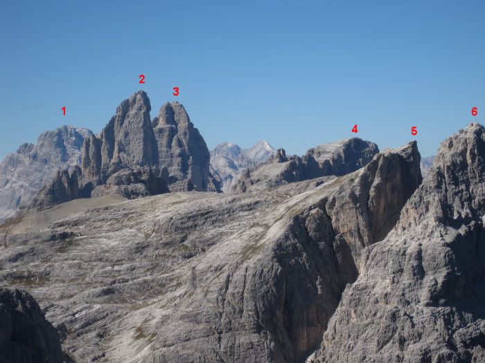 Monte Cristallo, Mittlere Zinne, Westliche Zinne, Paternkofel, Oberbachernspitze, Einser