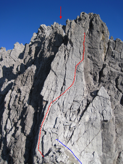 Imster Klettersteig Schlüsselstelle (D/E) im letzten Wandabschnitt