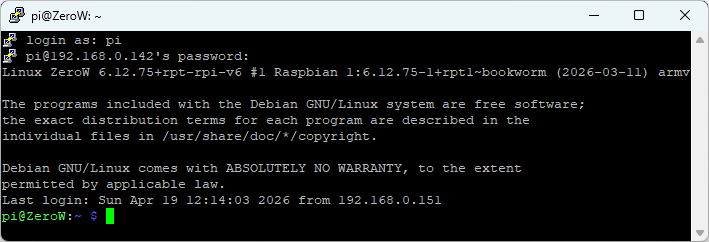 Anmeldung mit PuTTY auf den Raspberry Pi Zero erfolgreich