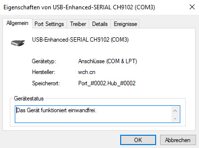 Windows Geräte-Manager Details für COM3