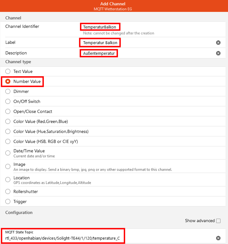 openHAB MQTT Add Channel