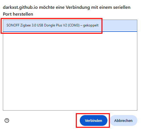 ZBDongle-E Firmware Update über Browser - Dongle wird erkannt
