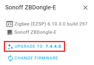 ZBDongle-E Firmware Update über Browser - Versioon 7.4.4 bestätigen