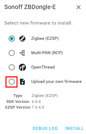 ZBDongle-E Firmware Update über Browser - eigene Firmware auswählen