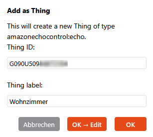 openHAB5 Echo Dot Wohnzimmer als Thing hinzufügen
