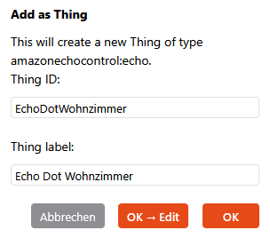 openHAB5 Echo Dot Wohnzimmer als Thing hinzufügen