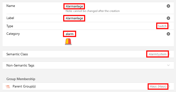 OpenHAB neues Item Alarmanlage