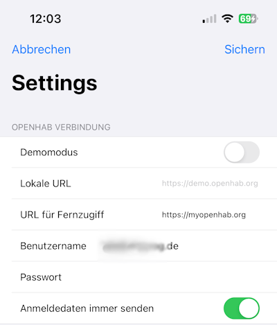 OpenHAB App Settings