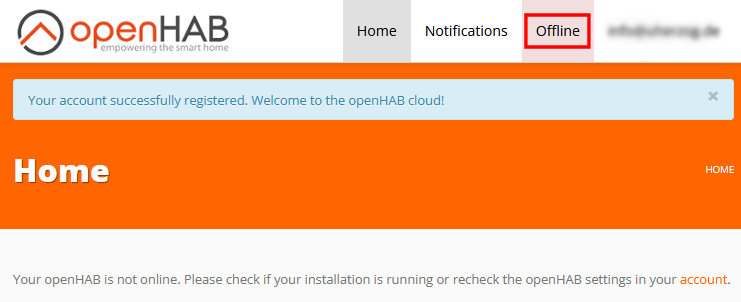 OpenHAB Registrierung erfolgreich