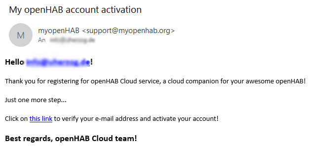 OpenHAB Registrierung E-Mail Adresse bestätigt