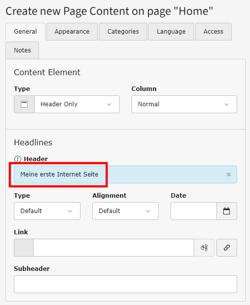 Typo3 Überschrift eintragen