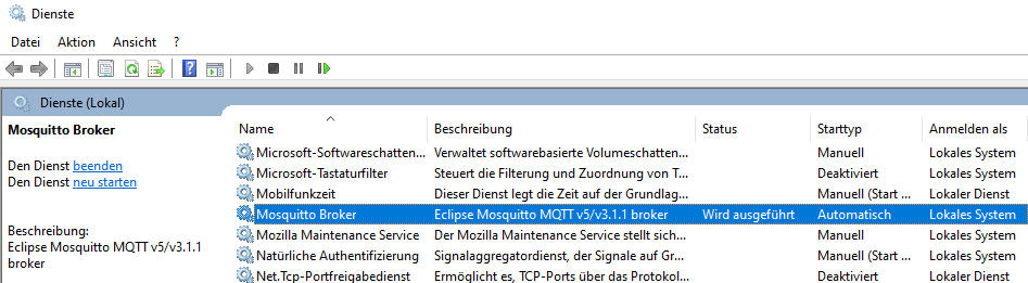 Mosquitto Broker in den Diensten anzeigen