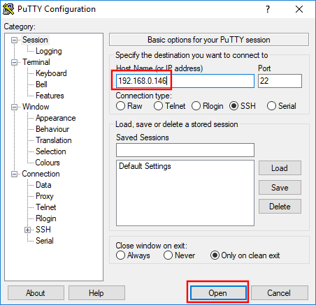 PuTTY Startbildschirm