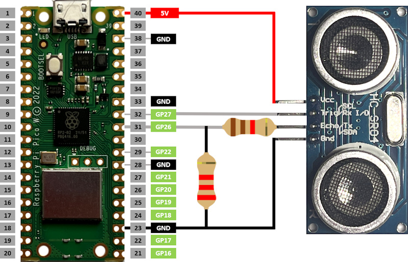 Pico W und Ultraschallsensor HC-SR04 Verdrahtung