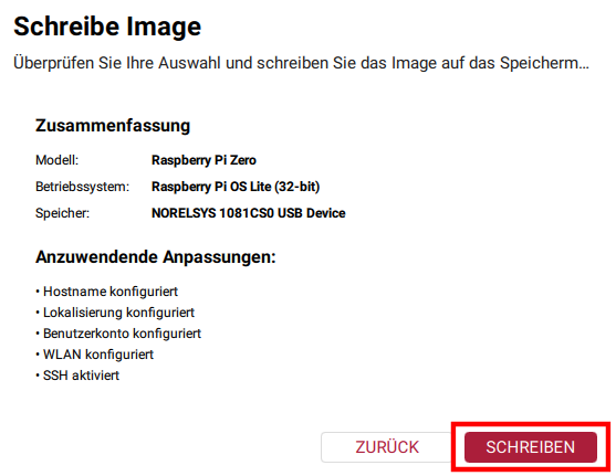 Raspberrry Pi Imager Schreiben bestätigen
