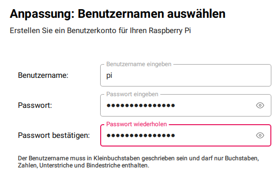 Raspberrry Pi Imager Benutzer und Passwort festlegen