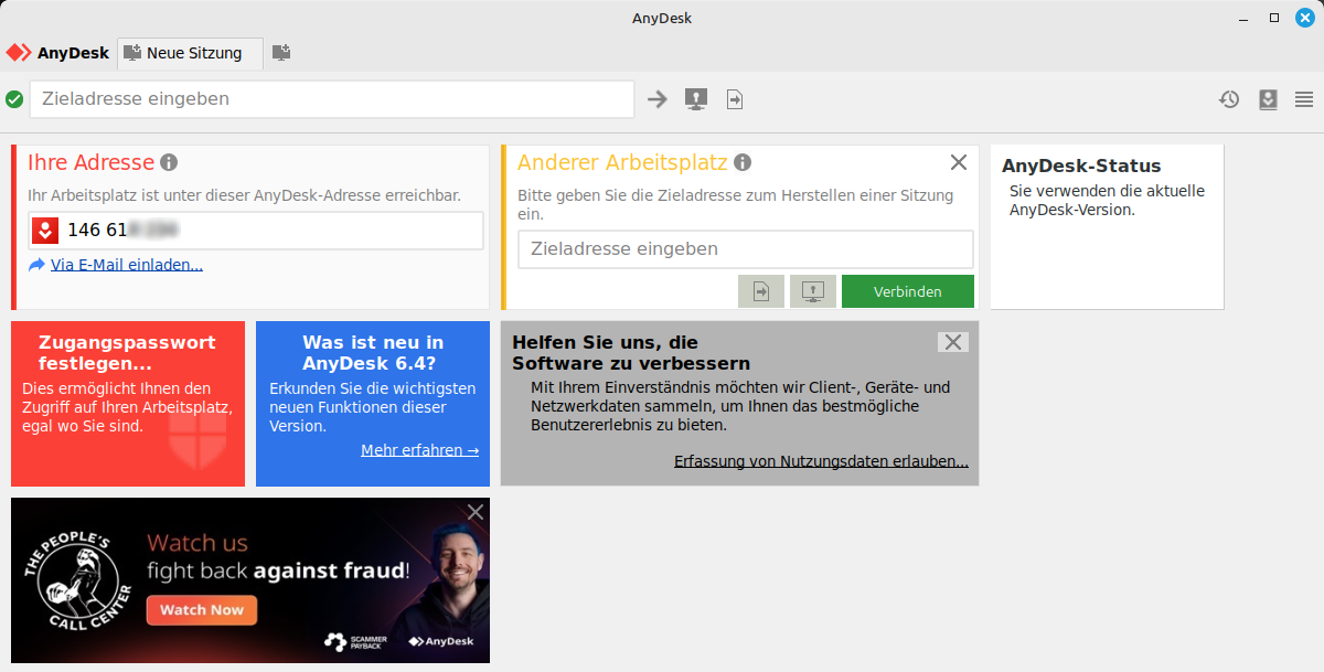 AnyDesk Startbildschirm mit Werbung