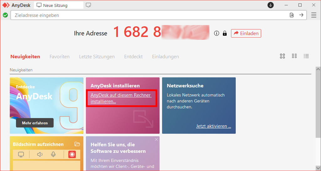 AnyDesk Startbildschirm