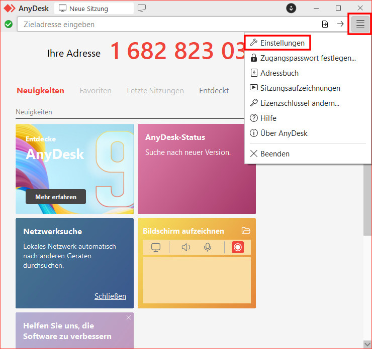 AnyDesk Startbildschirm