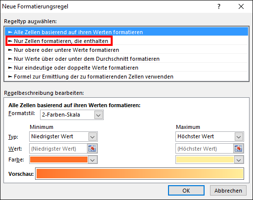 Excel Bedingte Formatierung - nur Zellen formatieren, die enthalten