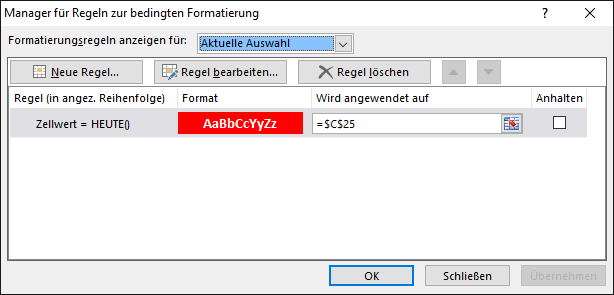 Excel Start - Bedingte Formatierung - aktuelle Zelle
