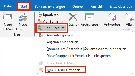 Outlook Menü Junk-E-Mail