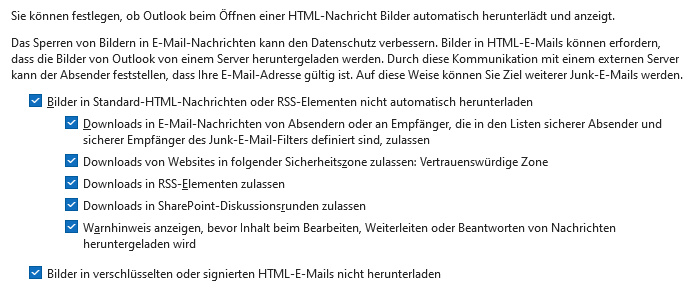 Microsoft Outlook-Trust Center - alle Optionen aktiviert